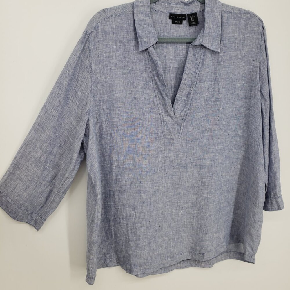 Tahari Light Blue Linen Blend V-Neck Blouse - Picture 4 of 8
